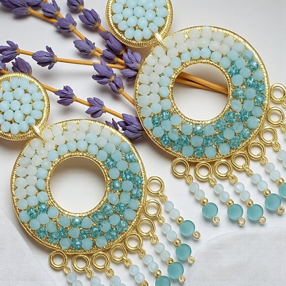 🆕Boho Chic Colombian Handmade Crystal Beaded Gold Plated Statement Earrings - Picture 7 of 11